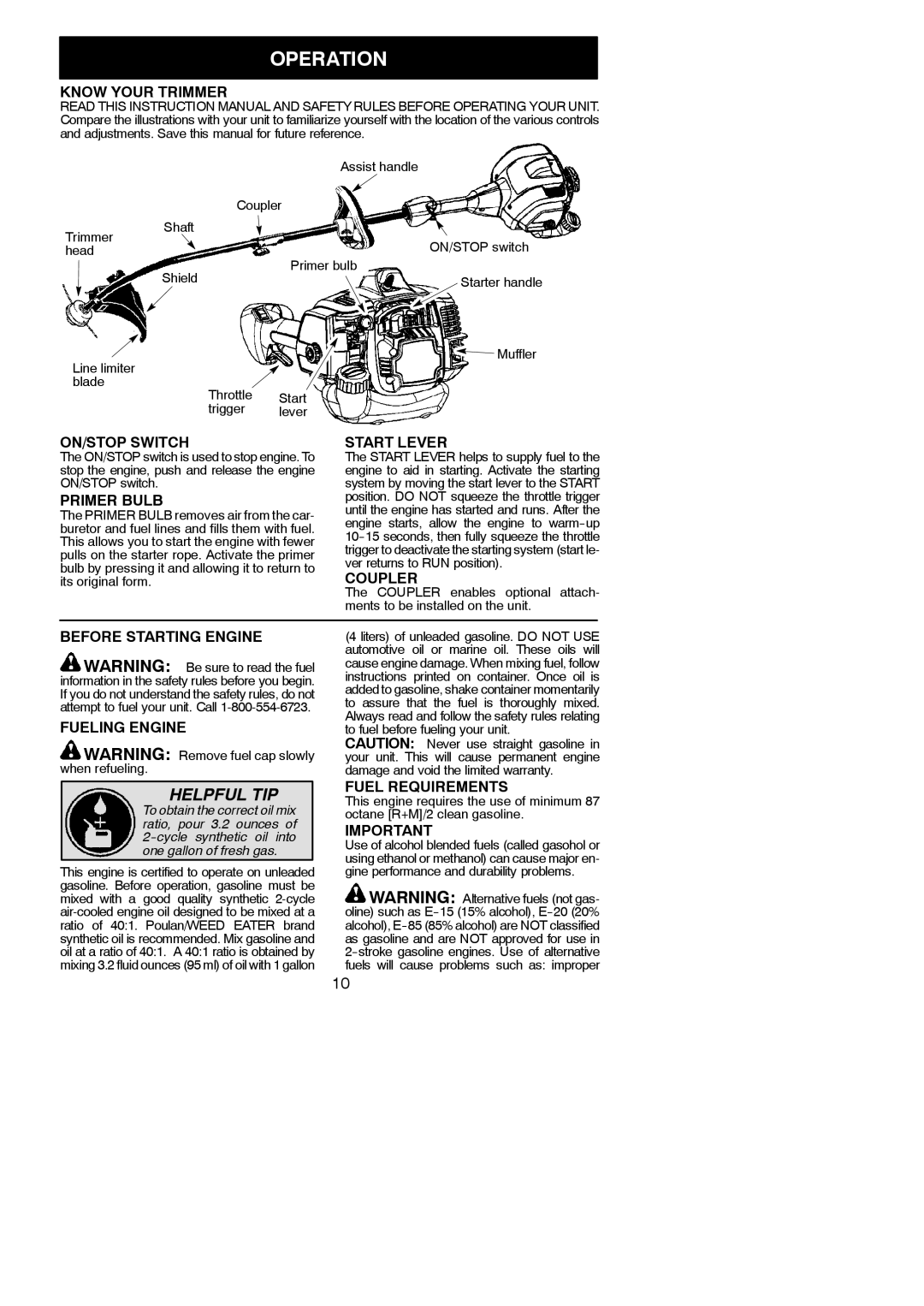 Poulan 115249426 instruction manual Operation 