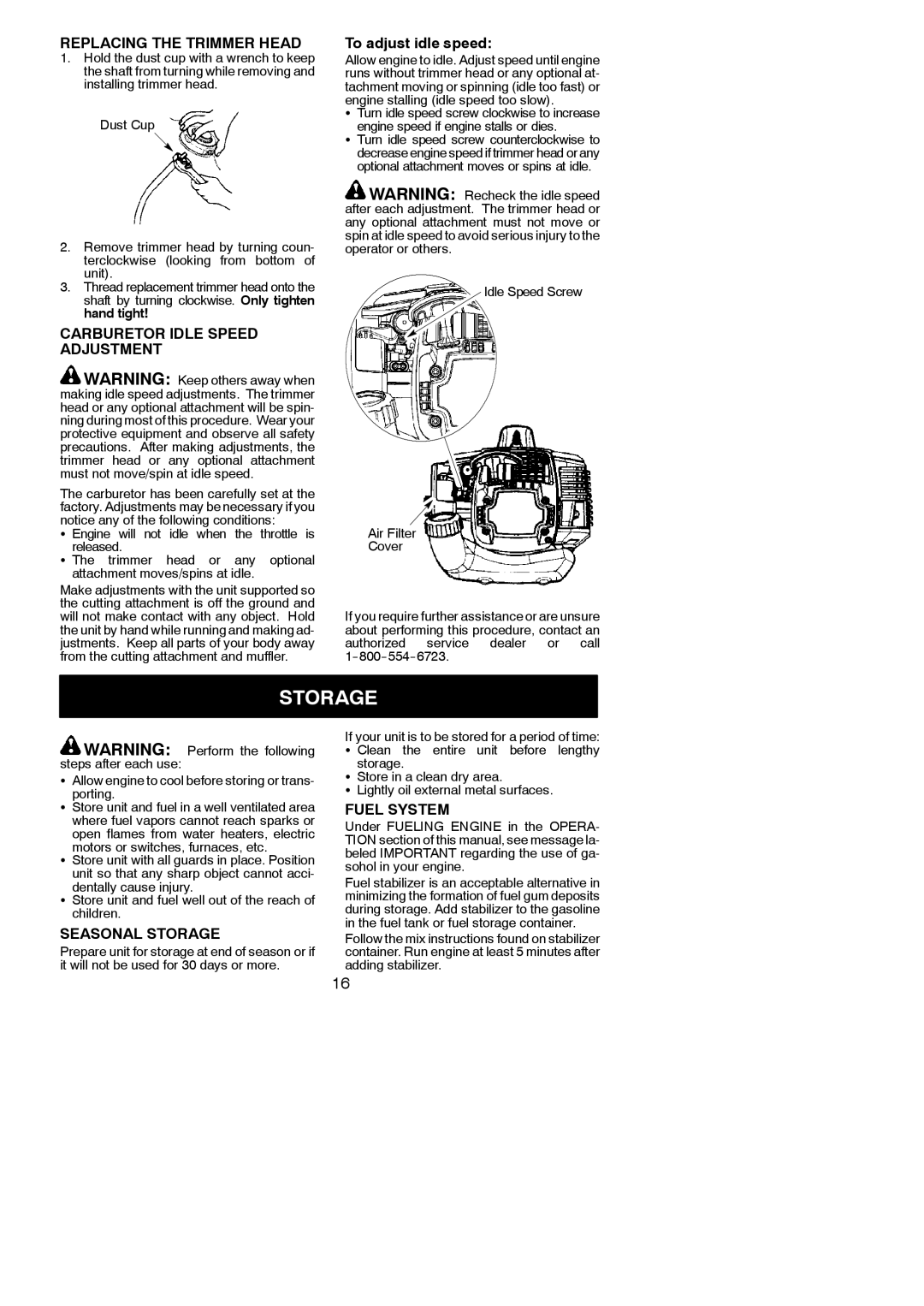 Poulan 115249426 Replacing the Trimmer Head, Carburetor Idle Speed Adjustment, Seasonal Storage, Fuel System 