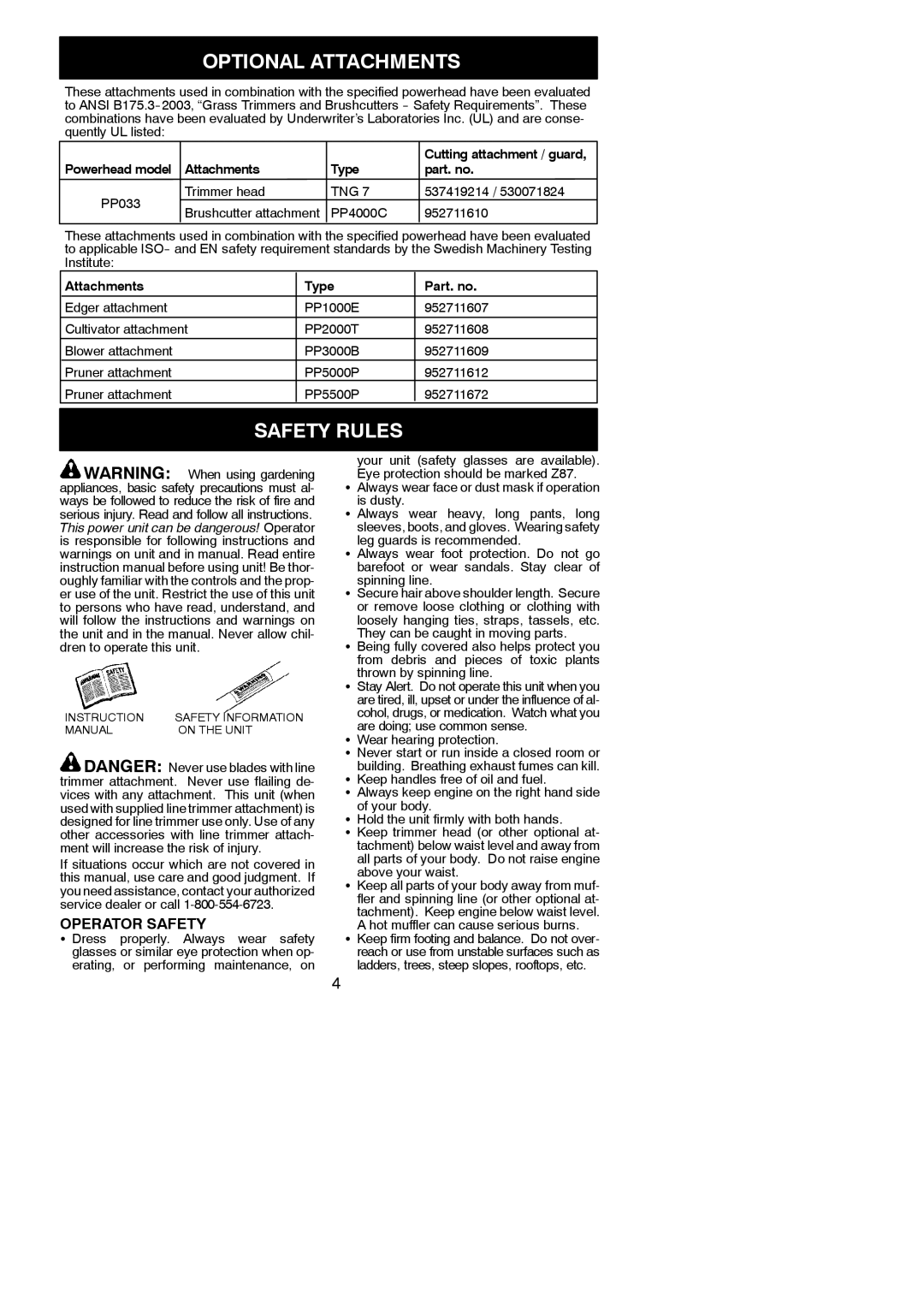 Poulan 115249426 instruction manual Optional Attachments, Safety Rules, Operator Safety 