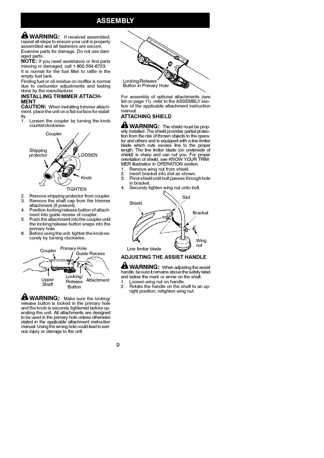 Poulan 115249426 Assembly, Installing Trimmer ATTACH- Ment, Attaching Shield, Adjusting the Assist Handle 