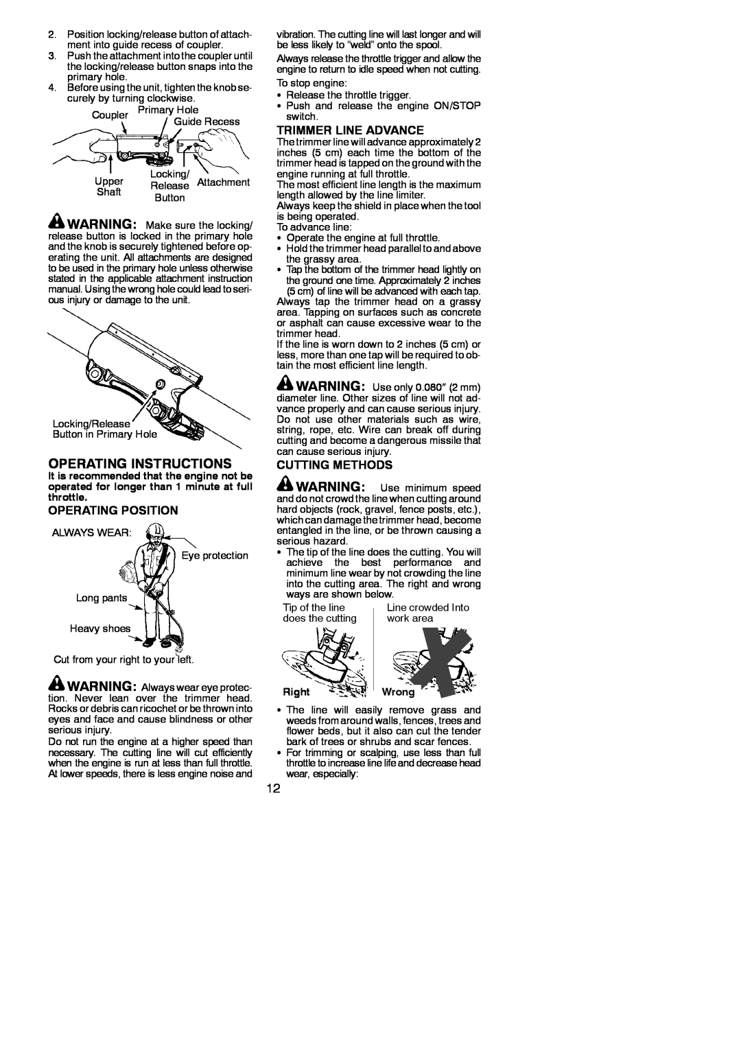 Poulan 115249426 Operating Instructions, Operating Position, Trimmer Line Advance, Cutting Methods, RightWrong 