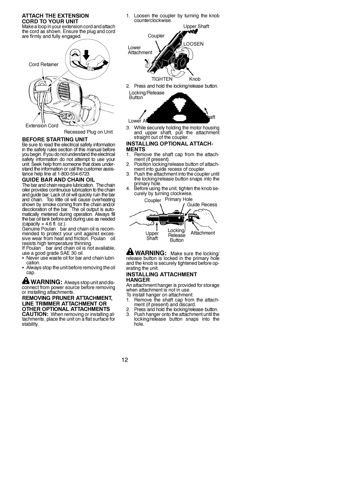 Poulan 115260526 instruction manual Attach the Extension Cord to Your Unit, Before Starting Unit, Guide BAR and Chain OIL 