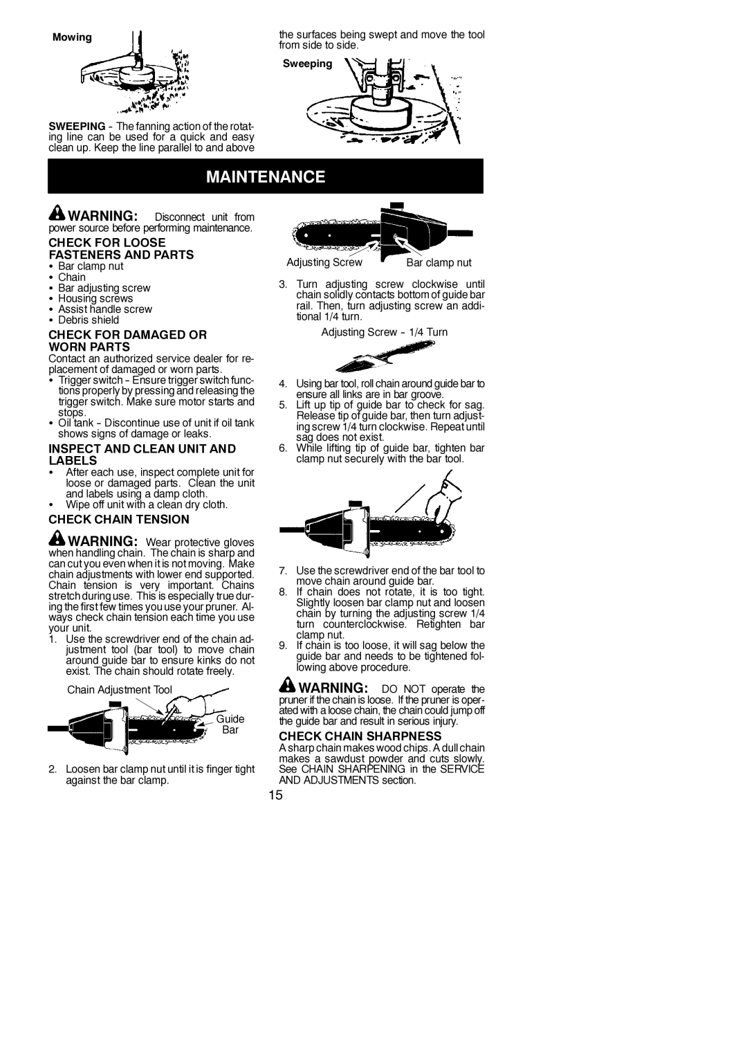 Poulan 115260526 instruction manual Maintenance 