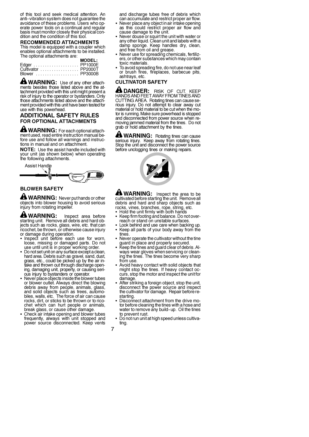 Poulan 115260526 instruction manual Recommended Attachments, For Optional Attachments, Blower Safety, Cultivator Safety 