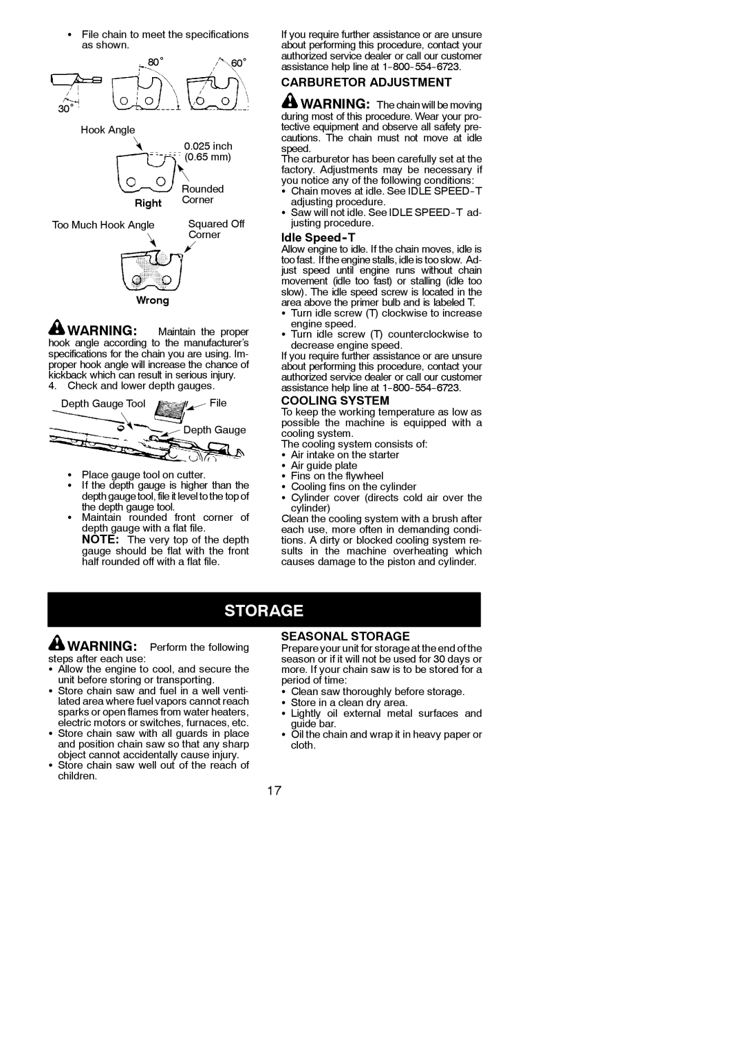 Poulan 115267626 instruction manual Carburetor Adjustment, Idle Speed-T, Cooling System, Seasonal Storage 