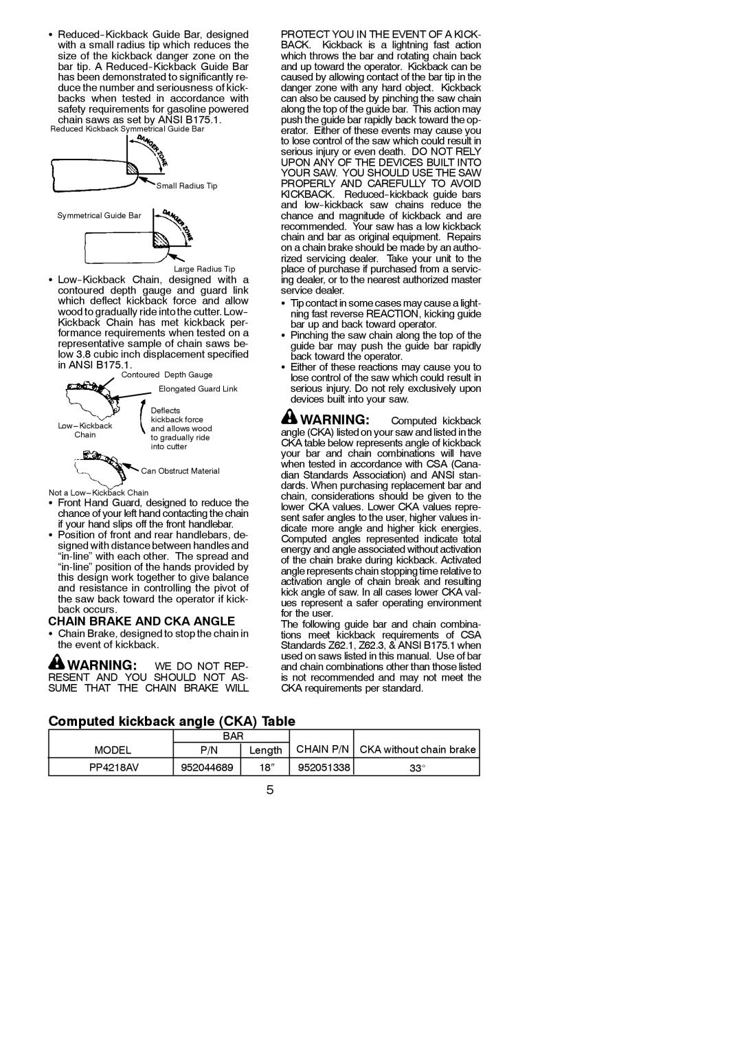 Poulan 115267626 instruction manual Chain Brake and CKA Angle, Chain saws as set by Ansi B175.1 