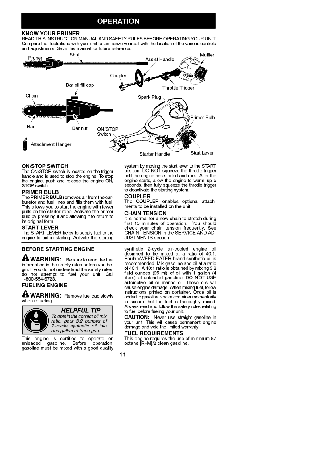 Poulan PP250PT, 115270726, 952711924 instruction manual Operation 