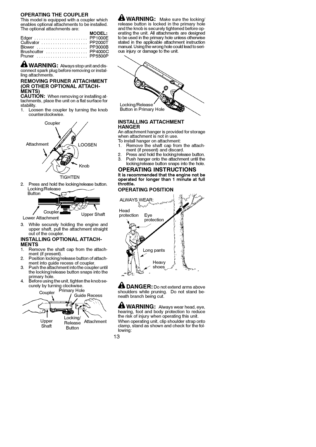 Poulan 952711924 Operating the Coupler, Removing Pruner Attachment or Other Optional ATTACH- Ments, Operating Position 