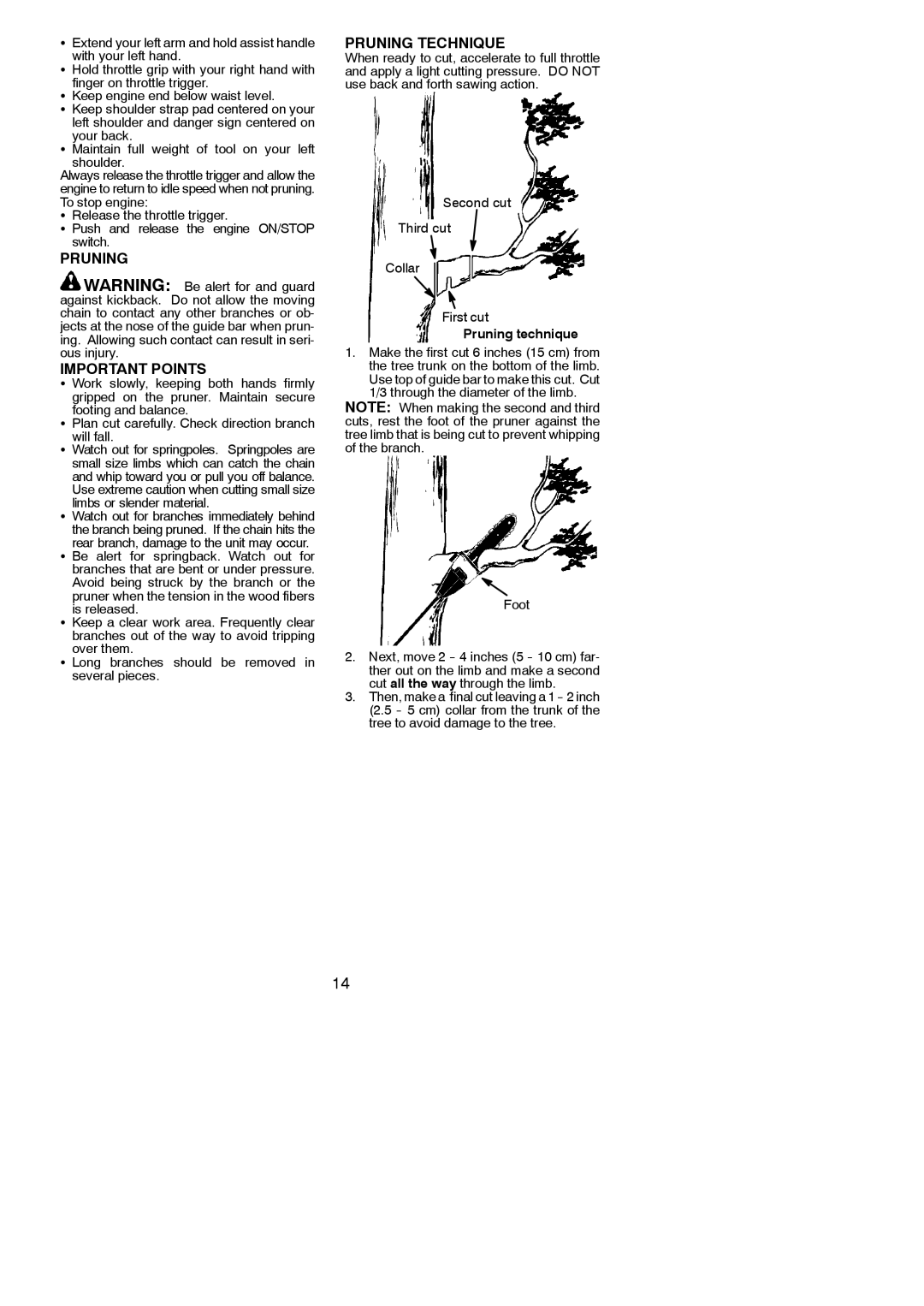 Poulan PP250PT, 115270726, 952711924 instruction manual Pruning Important Points, Pruning Technique, Foot 