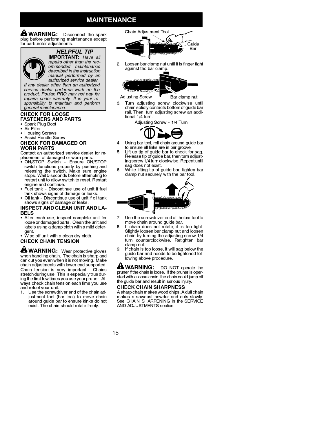 Poulan 115270726, 952711924, PP250PT instruction manual Maintenance 