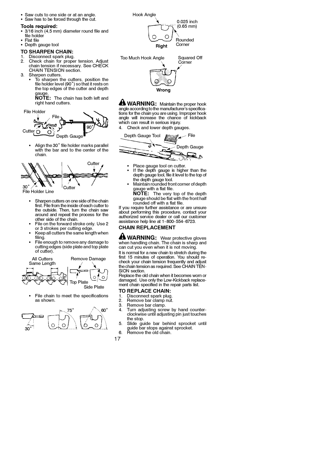 Poulan PP250PT, 115270726, 952711924 instruction manual To Sharpen Chain, Chain Replacement, To Replace Chain 