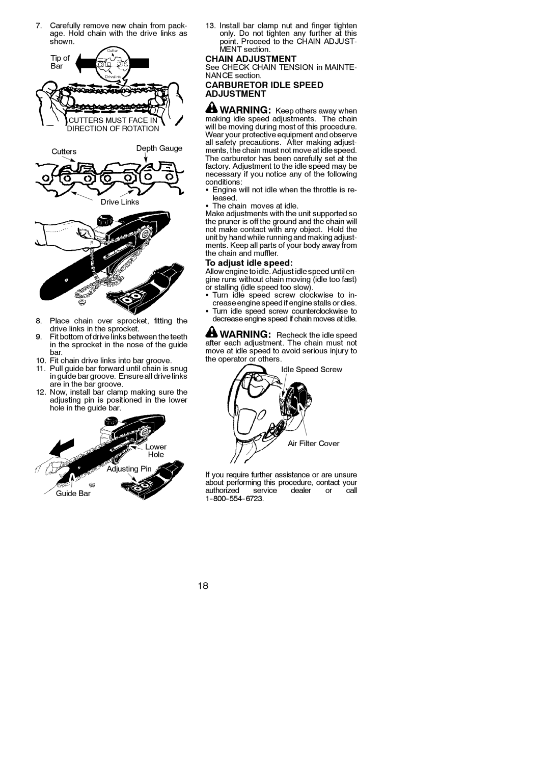 Poulan 115270726, 952711924, PP250PT instruction manual Chain Adjustment, Carburetor Idle Speed Adjustment 