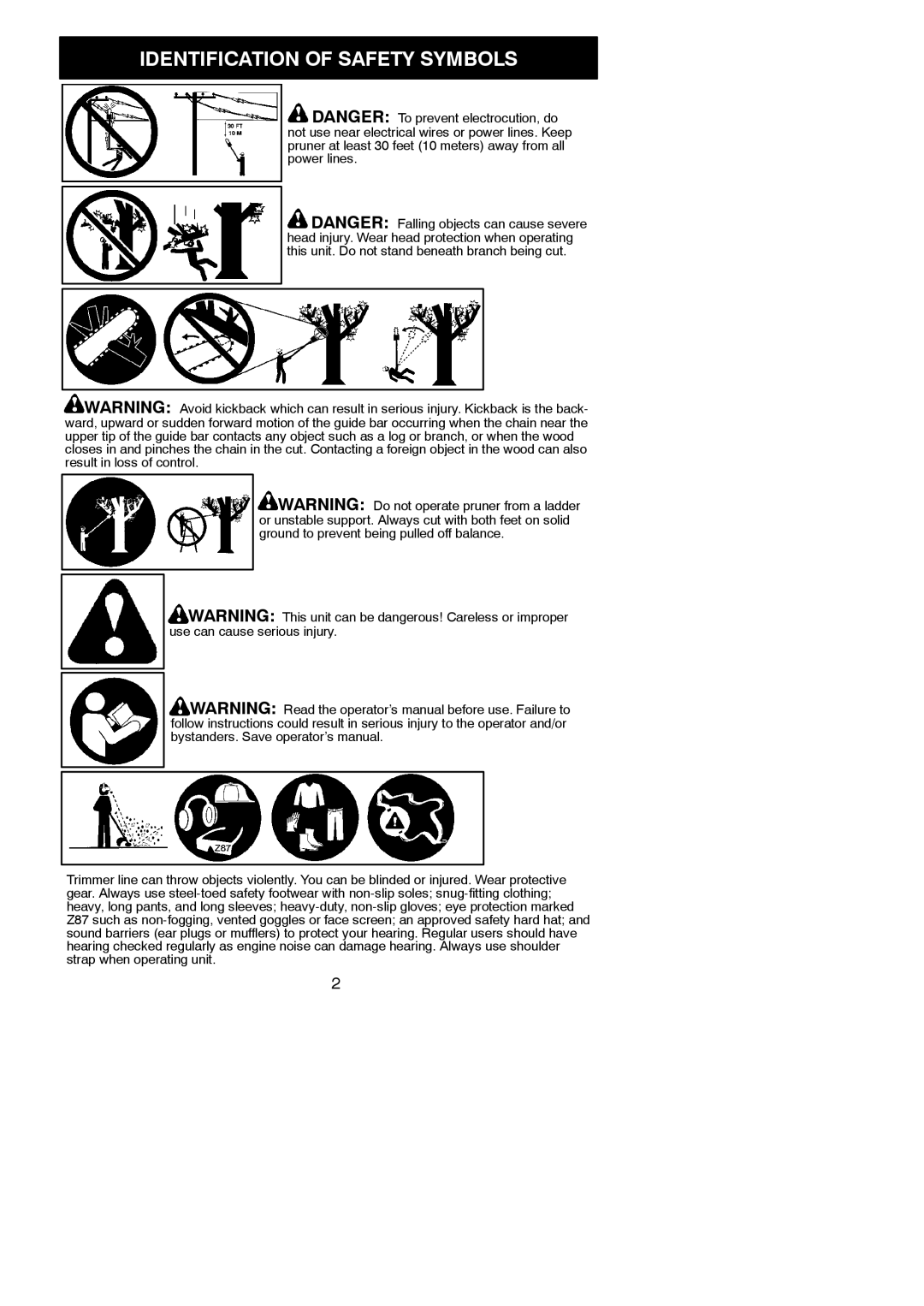 Poulan PP250PT, 115270726, 952711924 instruction manual Identification of Safety Symbols 