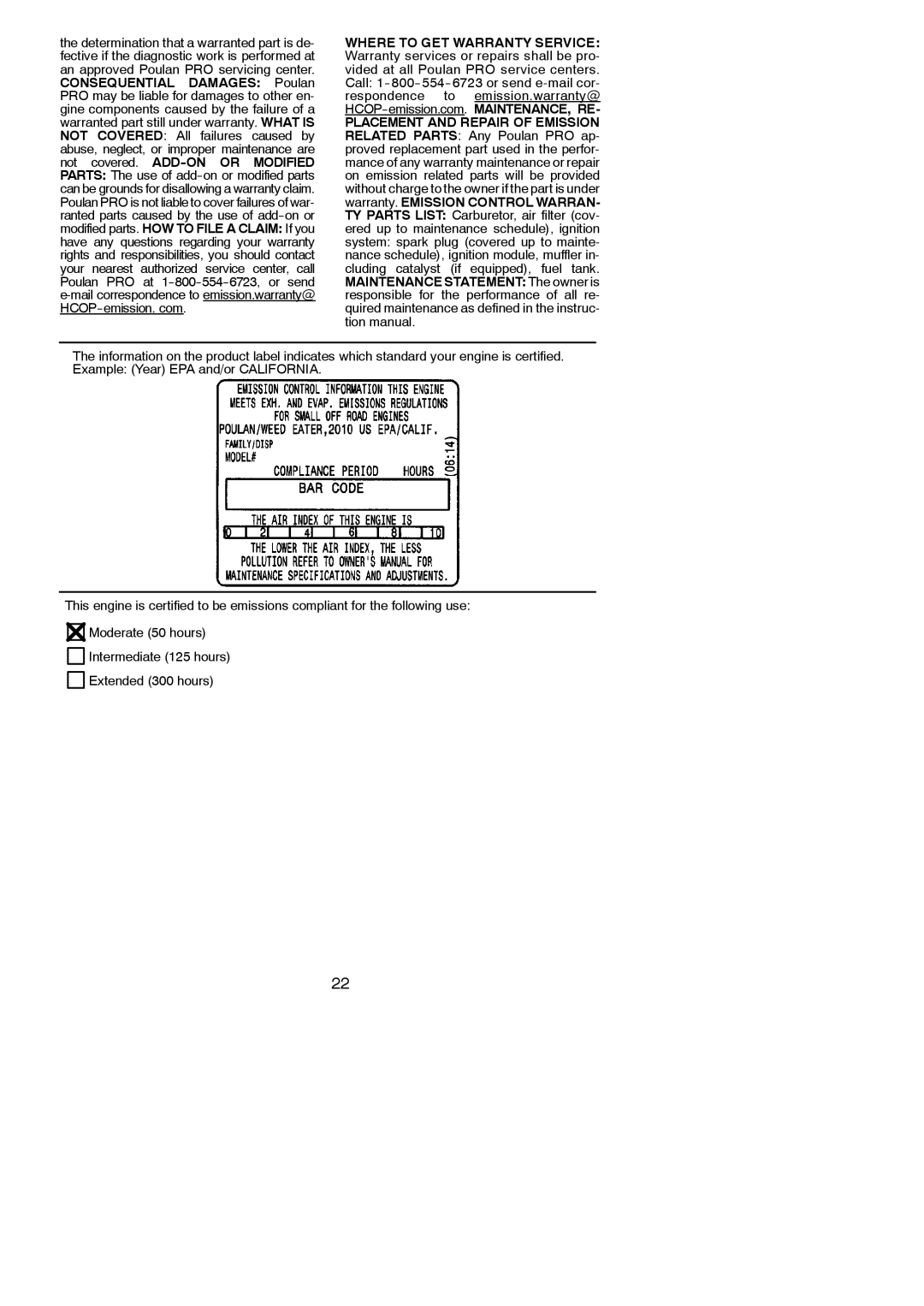 Poulan 952711924, 115270726, PP250PT instruction manual Placement and Repair of Emission 