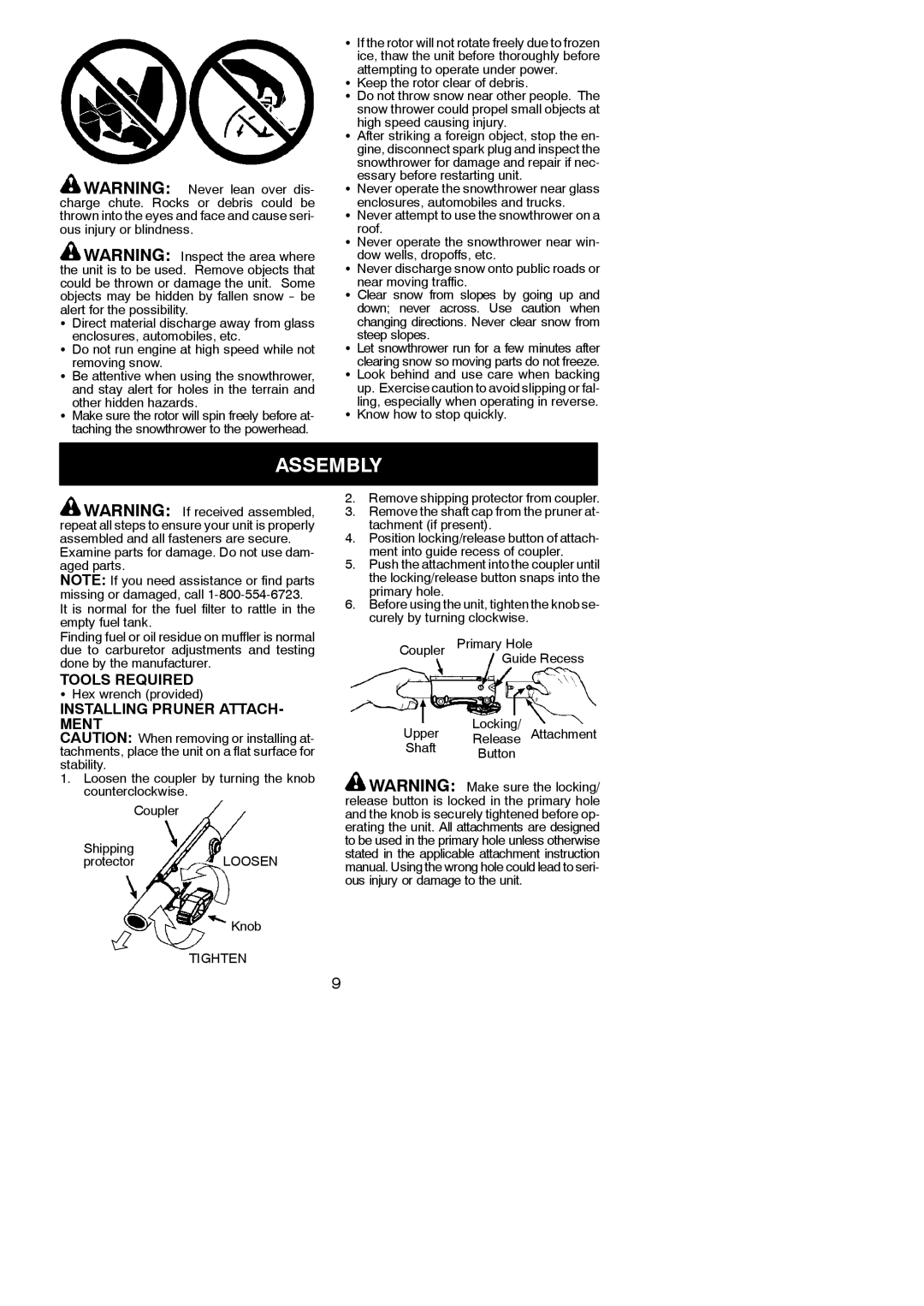 Poulan 115270726 Assembly, Tools Required, Installing Pruner ATTACH- Ment, Other hidden hazards, Hex wrench provided 