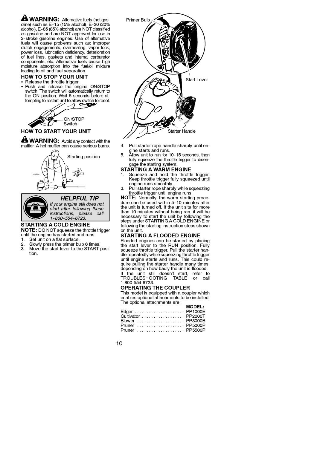 Poulan 115274026, 952711880 HOW to Stop Your Unit, HOW to Start Your Unit, Starting a Cold Engine, Starting a Warm Engine 