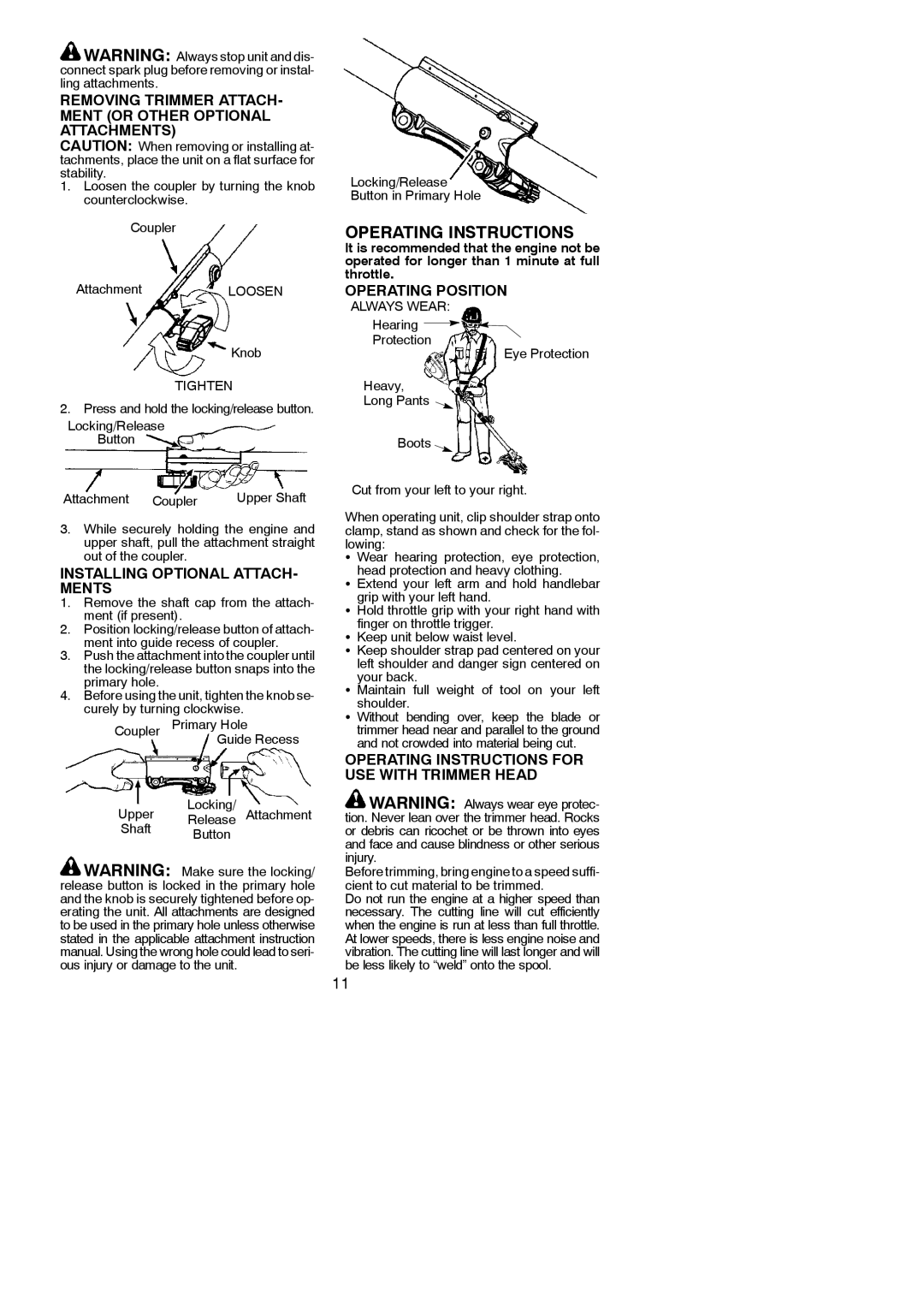 Poulan 952711880, 115274026 Removing Trimmer ATTACH- Ment or Other Optional Attachments, Installing Optional ATTACH- Ments 