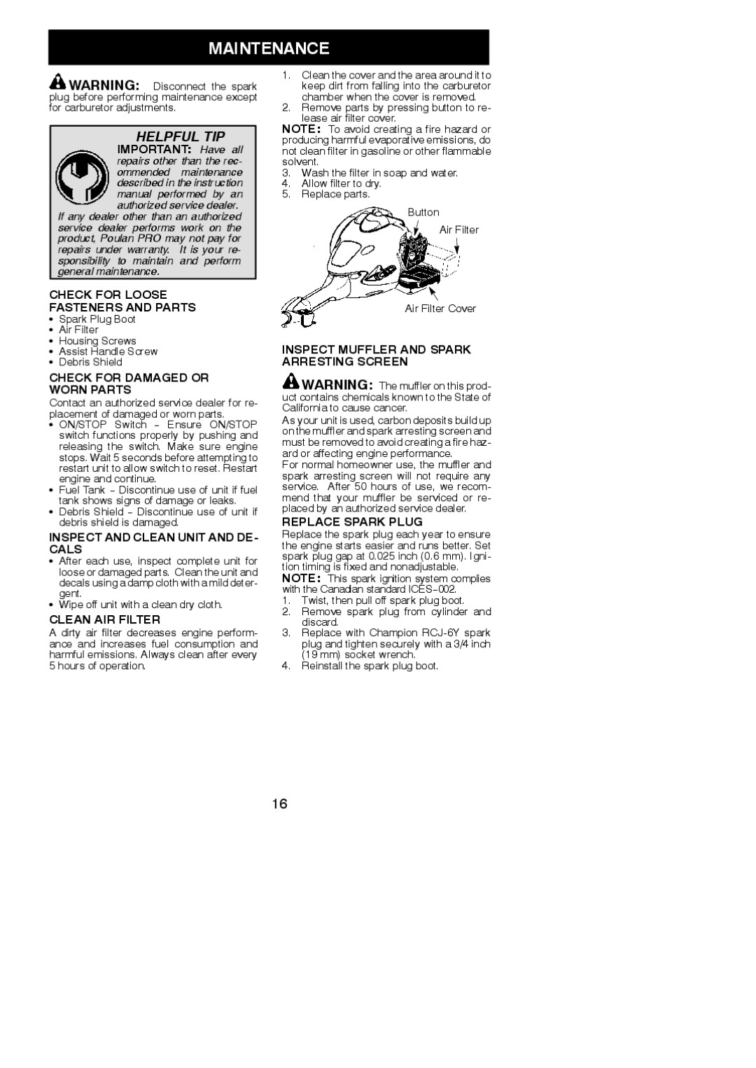 Poulan 115274026, 952711880 instruction manual Maintenance 