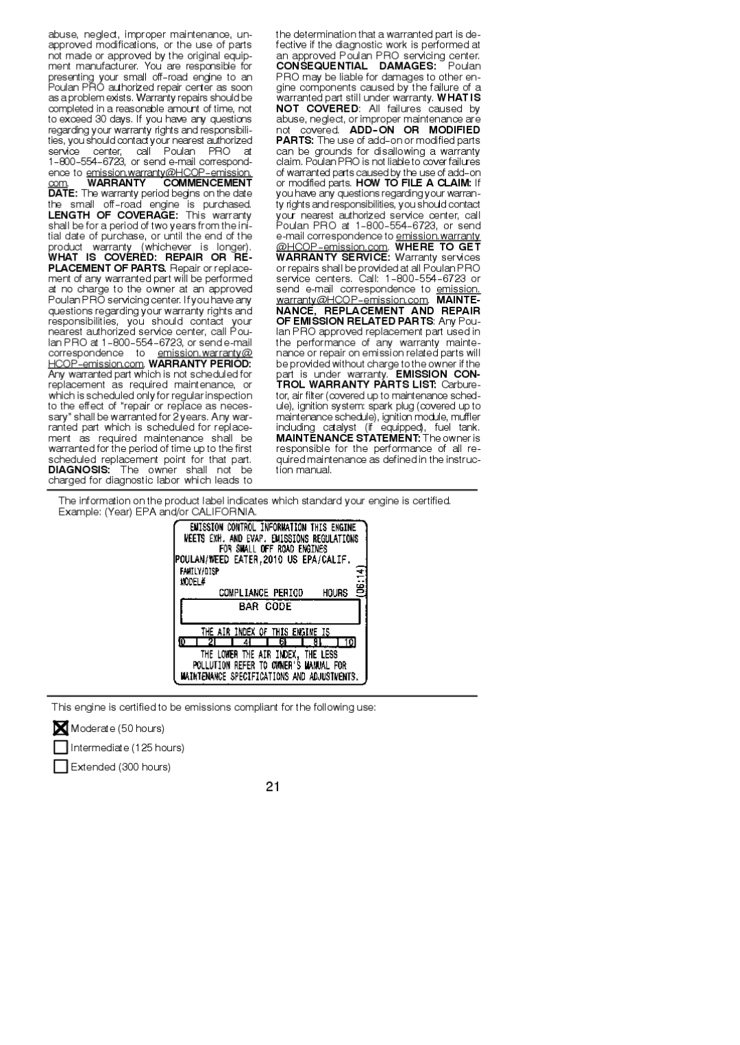 Poulan 952711880, 115274026 instruction manual Intermediate 125 hours Extended 300 hours 