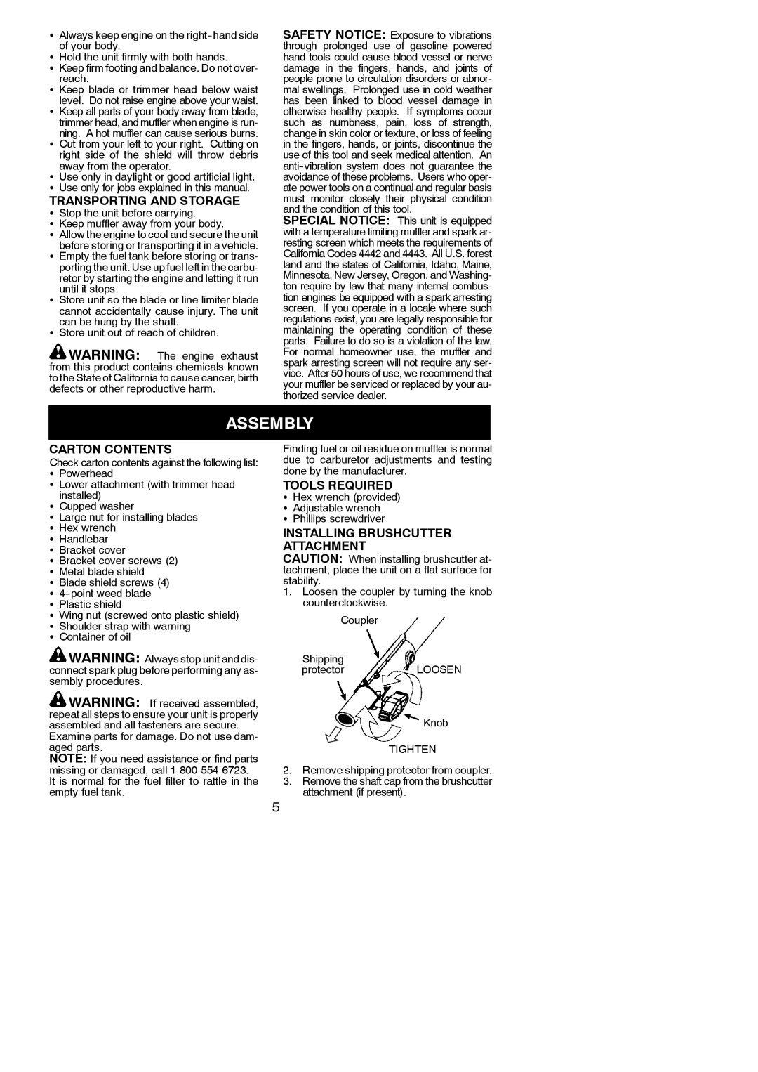 Poulan 952711880 Assembly, Transporting and Storage, Carton Contents, Tools Required, Installing Brushcutter Attachment 