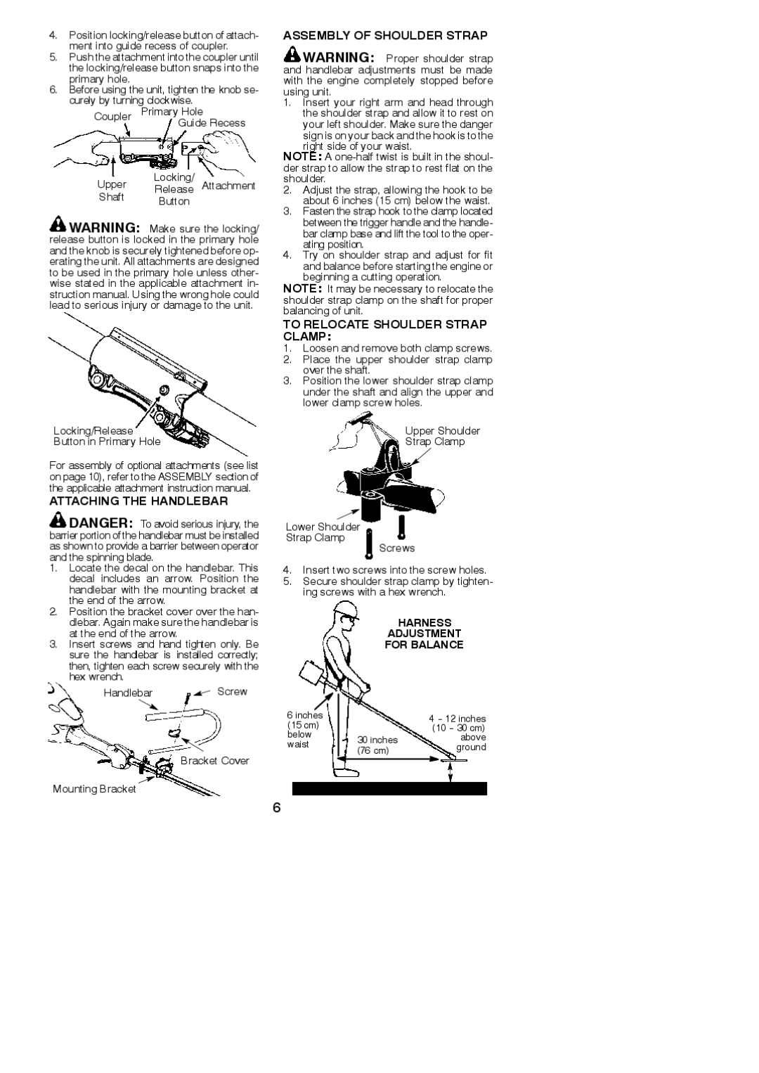 Poulan 115274026, 952711880 Assembly of Shoulder Strap, To Relocate Shoulder Strap Clamp, Attaching the Handlebar 