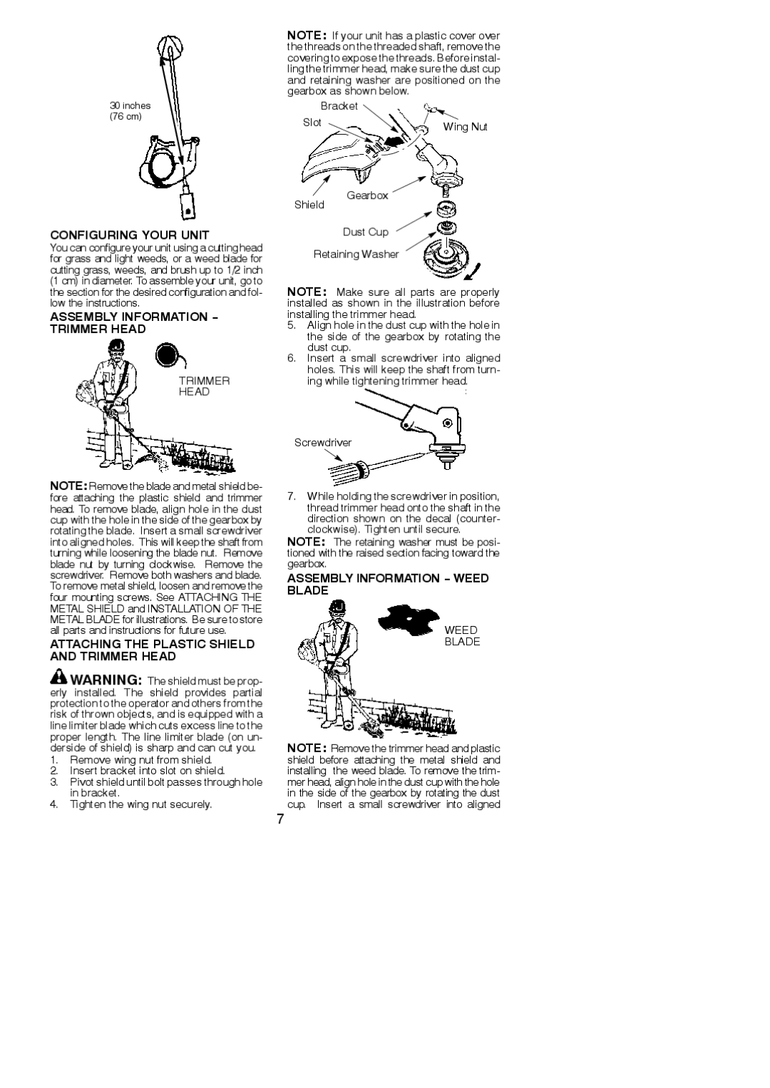 Poulan 952711880 Configuring Your Unit, Assembly Information Trimmer Head, Attaching the Plastic Shield and Trimmer Head 