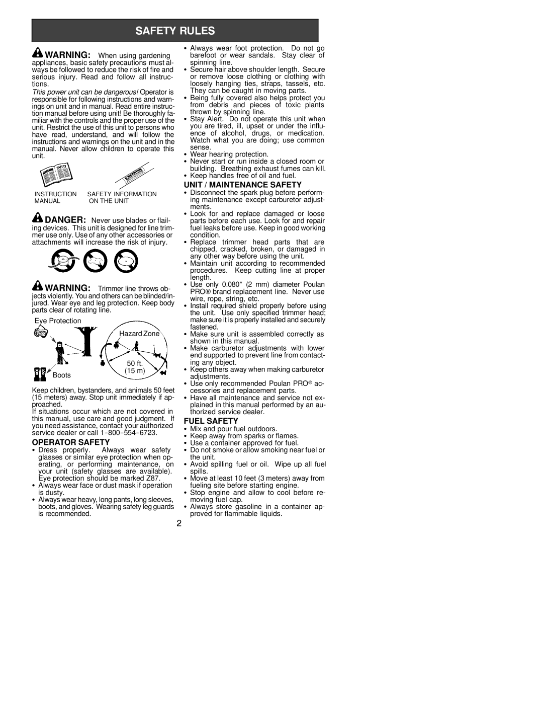 Poulan 131 instruction manual Operator Safety, Unit / Maintenance Safety, Fuel Safety, Eye Protection Hazard Zone 