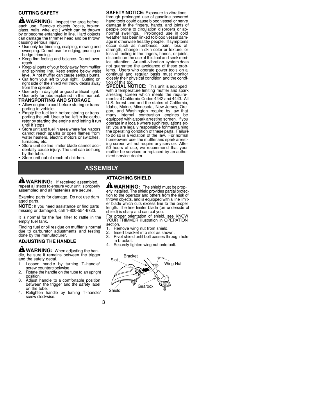 Poulan 131 Cutting Safety, Transporting and Storage, Adjusting the Handle, Attaching Shield, Tion of this tool 