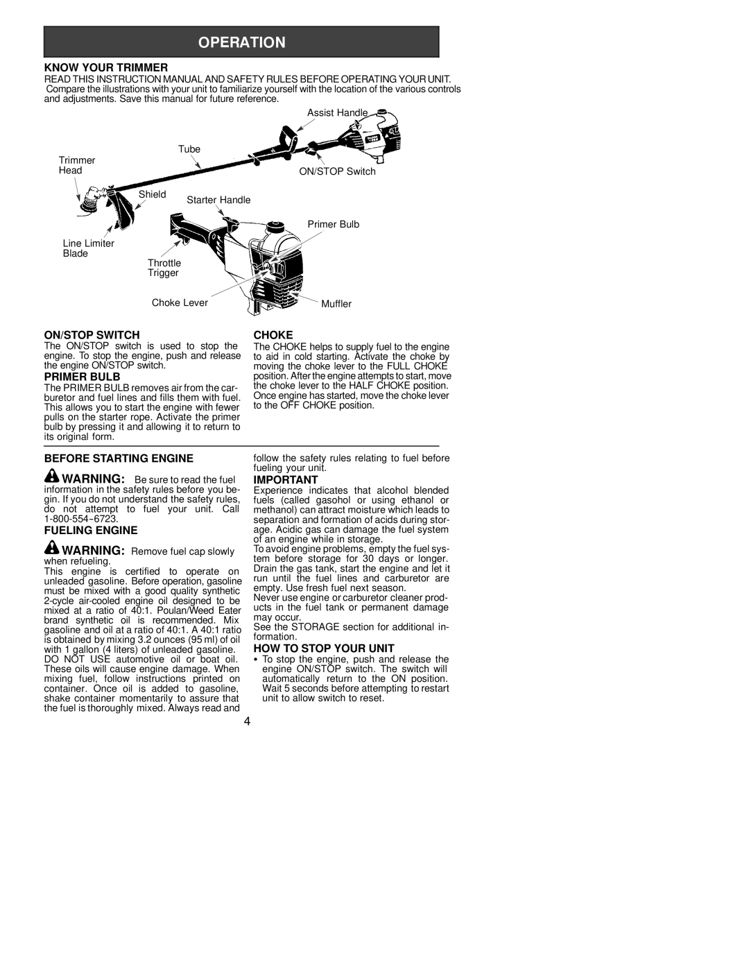 Poulan 131 instruction manual Know Your Trimmer, ON/STOP Switch, Primer Bulb, Choke, Before Starting Engine Fueling Engine 