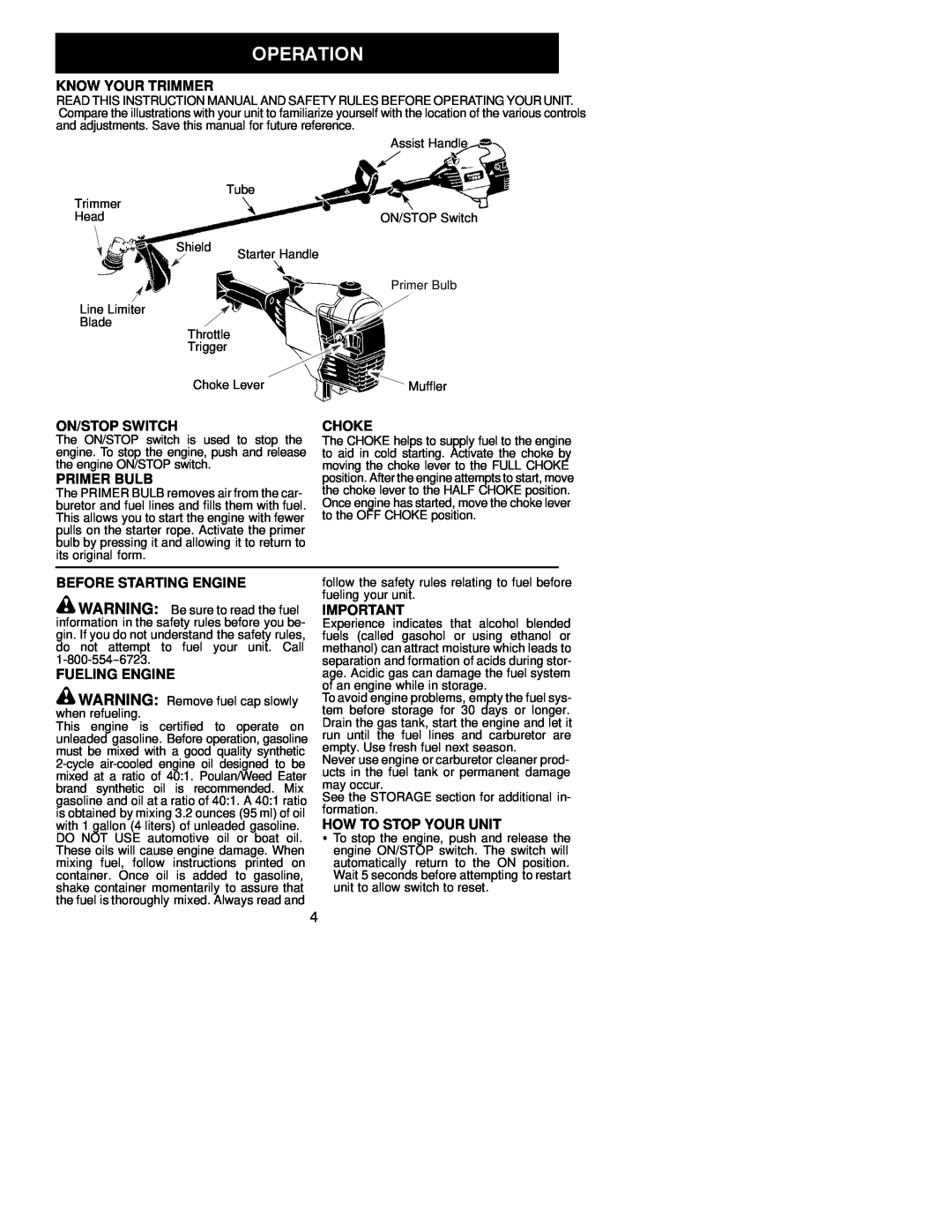 Poulan 131 instruction manual Know Your Trimmer, On/Stop Switch, Primer Bulb, Choke, Before Starting Engine, Fueling Engine 