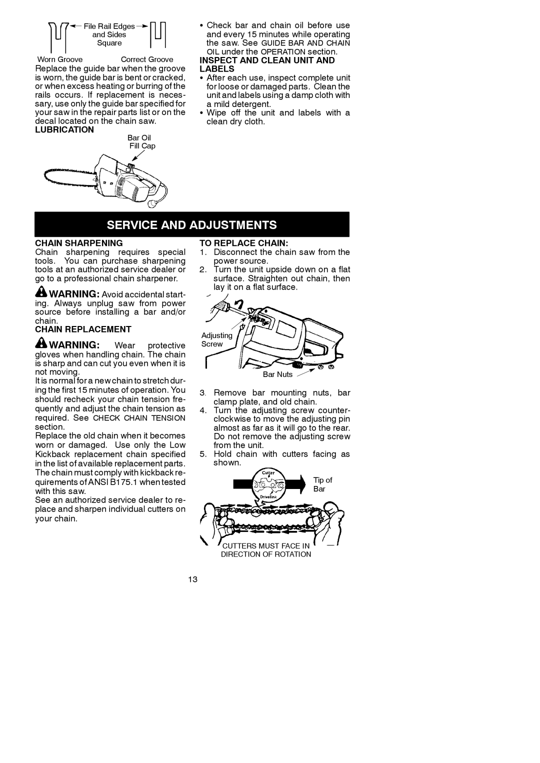 Poulan 1420, 1630 instruction manual Service and Adjustments 