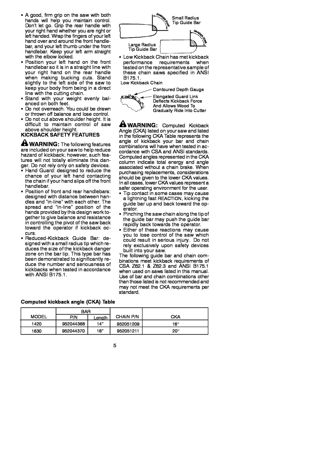 Poulan 1420, 1630 instruction manual Kickback Safety Features, Computed kickback angle CKA Table 