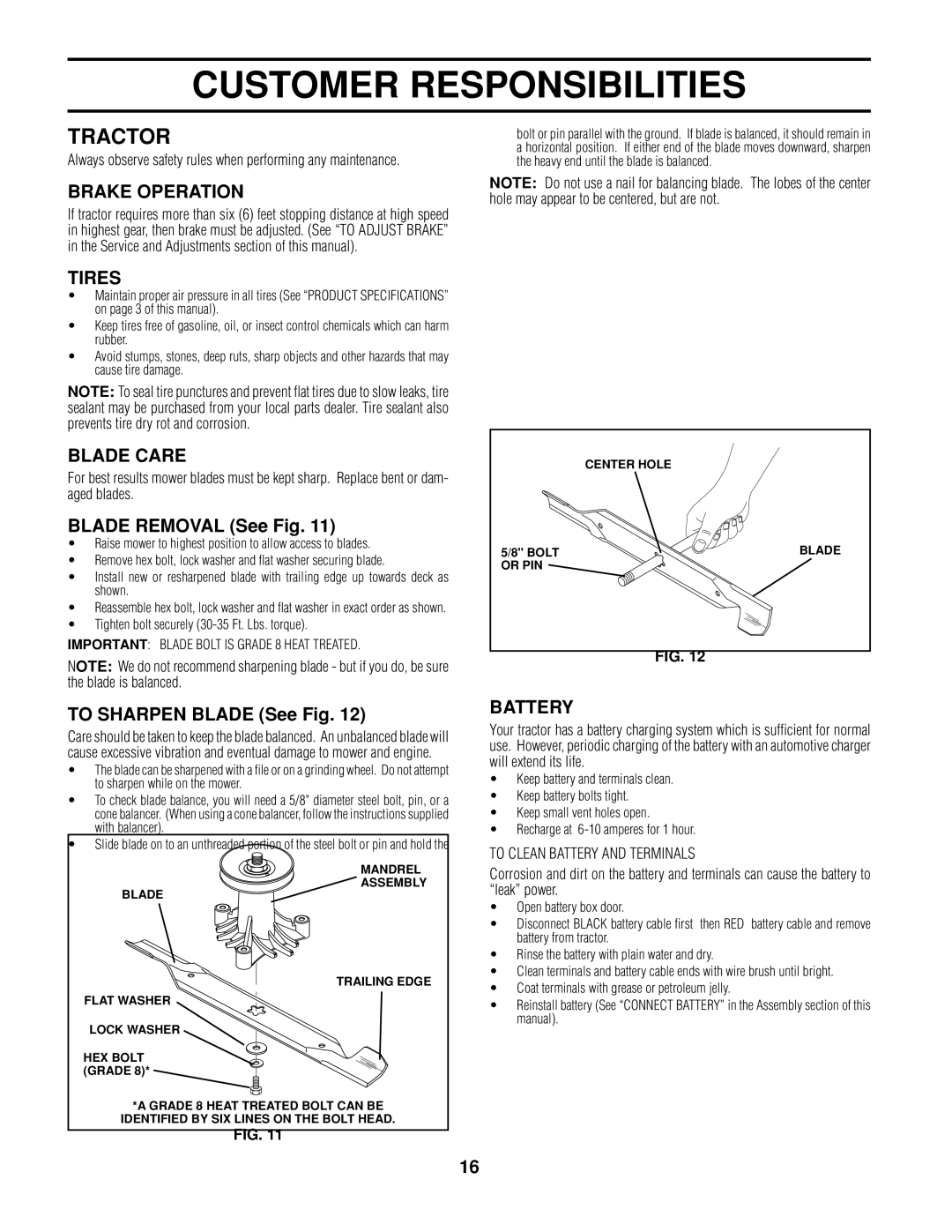 Poulan 161608 owner manual Tractor, Brake Operation, Tires, Blade Care, Battery 