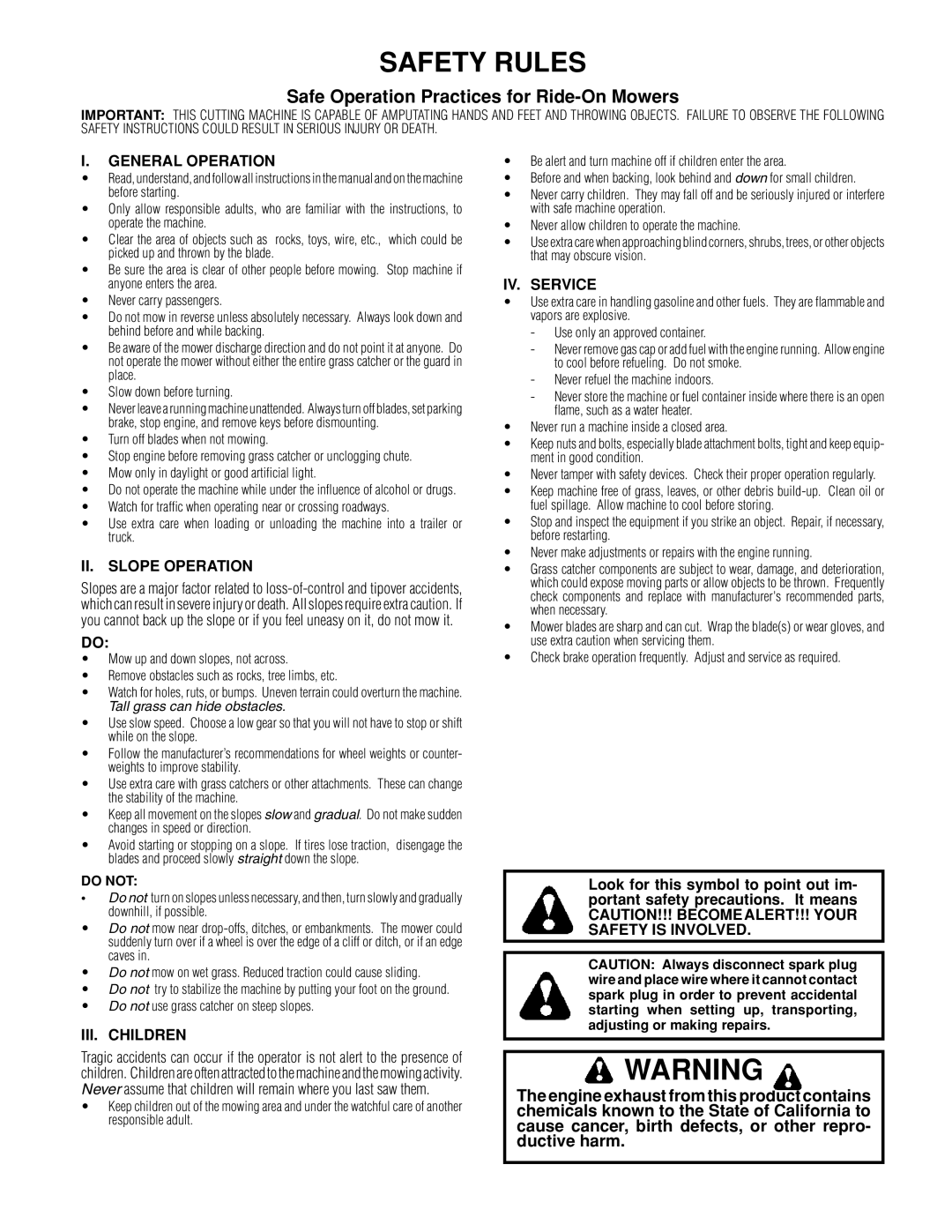 Poulan 161608 owner manual Safe Operation Practices for Ride-On Mowers, Turn off blades when not mowing 