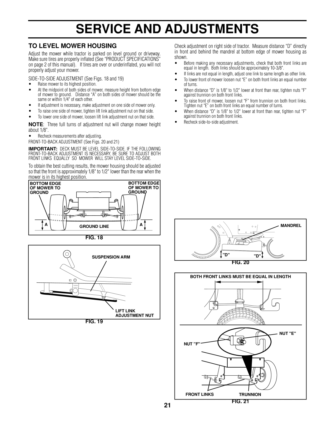 Poulan 161608 owner manual To Level Mower Housing, SIDE-TO-SIDE Adjustment See Figs, Raise mower to its highest position 