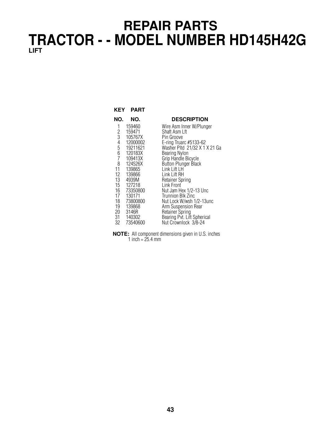 Poulan 161608 159460, Arm Suspension Rear 3146R Retainer Spring 140302, Nut Crownlock 3/8-24, Wire Asm Inner W/Plunger 