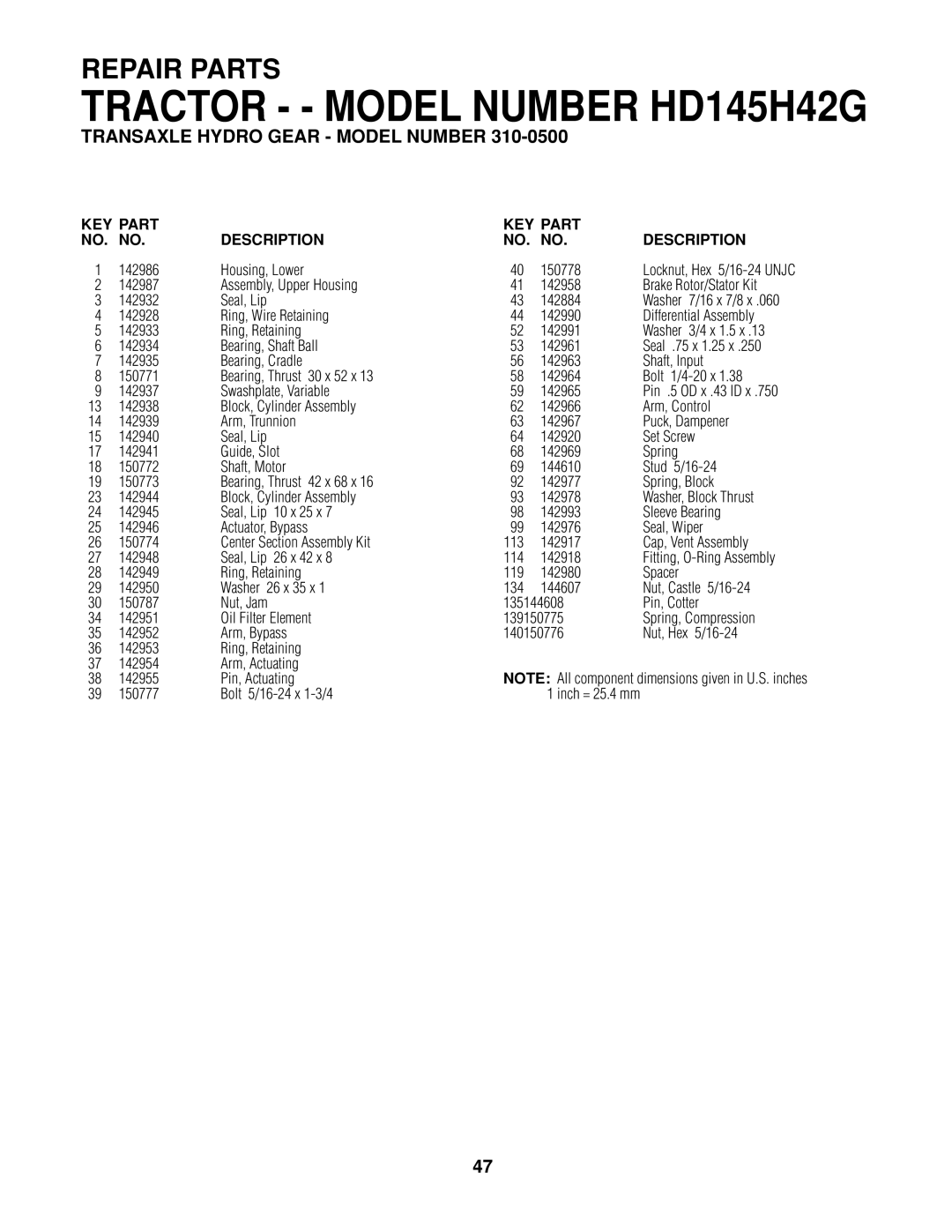 Poulan 161608 owner manual Housing, Lower 150778, 75 x 1.25 x, 20 x, Swashplate, Variable 142965 Pin 