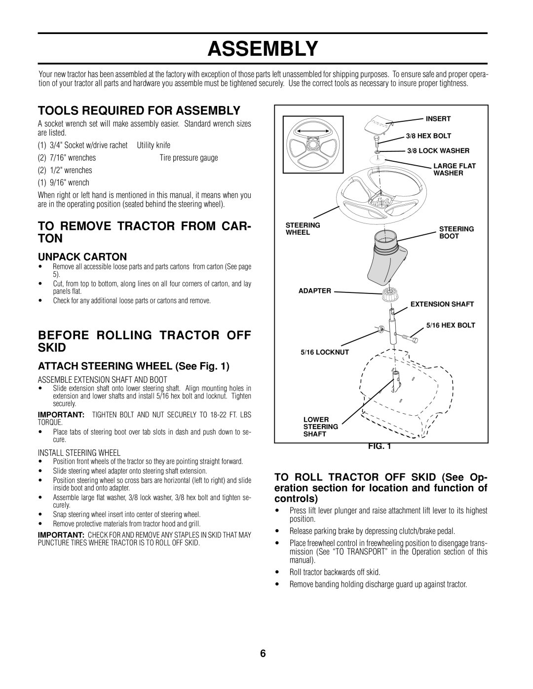 Poulan 161608 Tools Required for Assembly, To Remove Tractor from CAR- TON, Before Rolling Tractor OFF Skid, Unpack Carton 