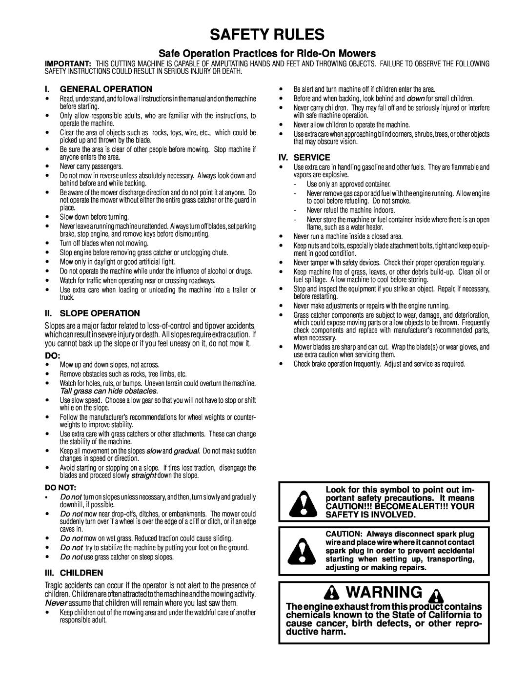 Poulan 161608 owner manual Safety Rules, Safe Operation Practices for Ride-On Mowers, Do Not 