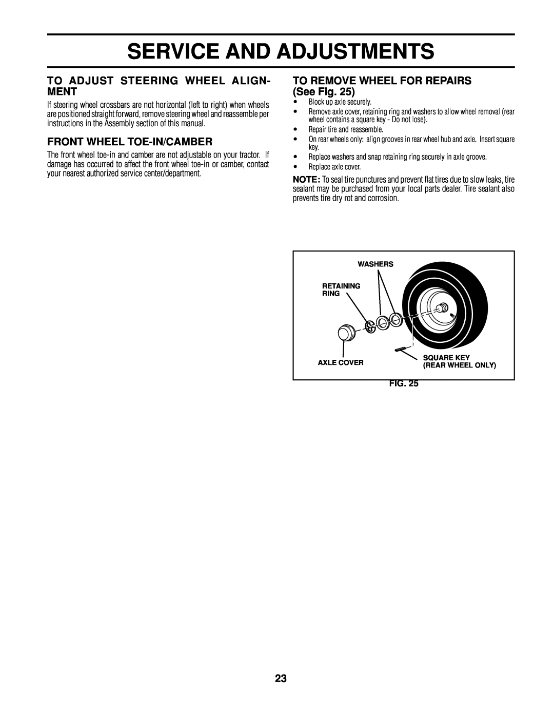 Poulan 161608 Service And Adjustments, To Adjust Steering Wheel Align- Ment, Front Wheel Toe-In/Camber, Replace axle cover 