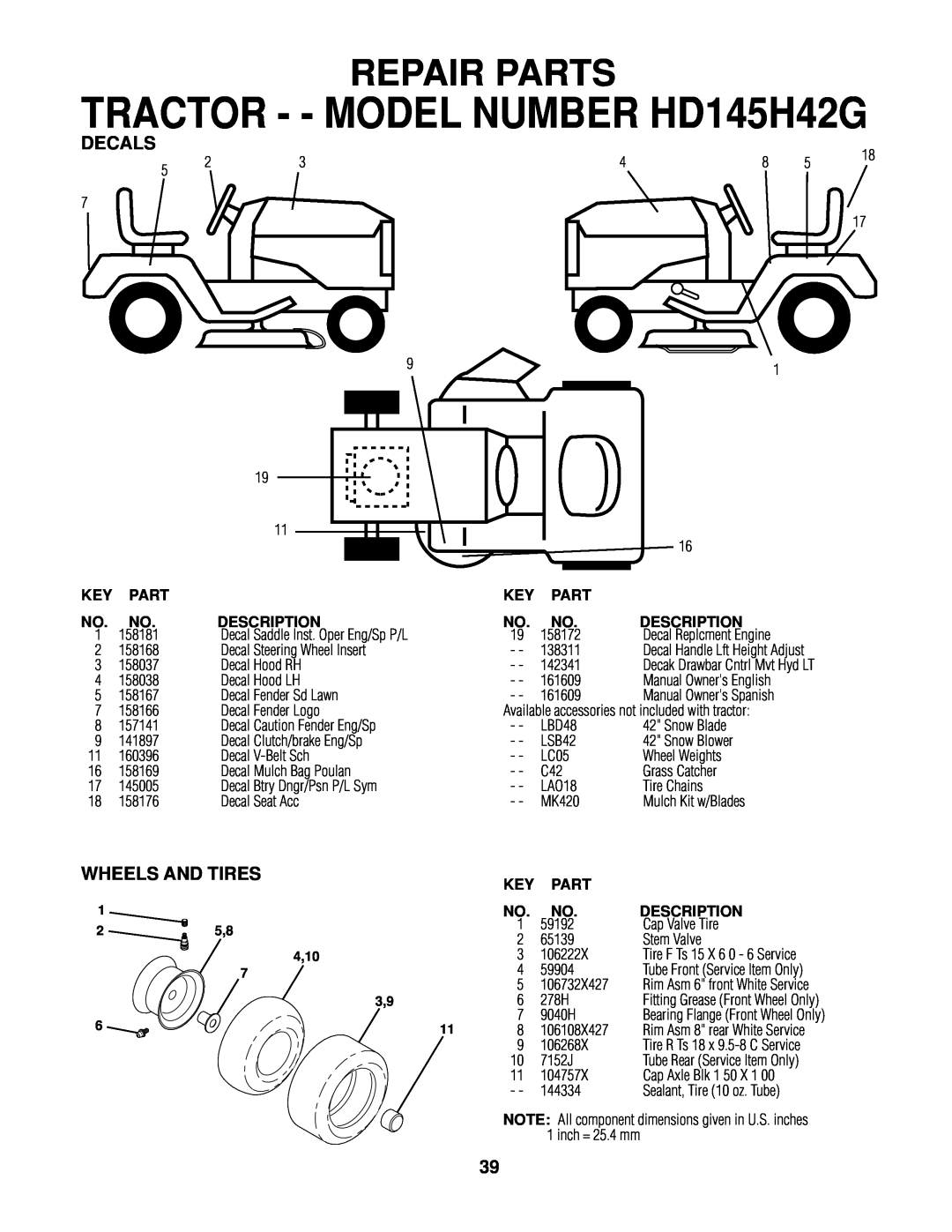 Poulan 161608 owner manual TRACTOR - - MODEL NUMBER HD145H42G, Repair Parts, Wheels And Tires, Decals 