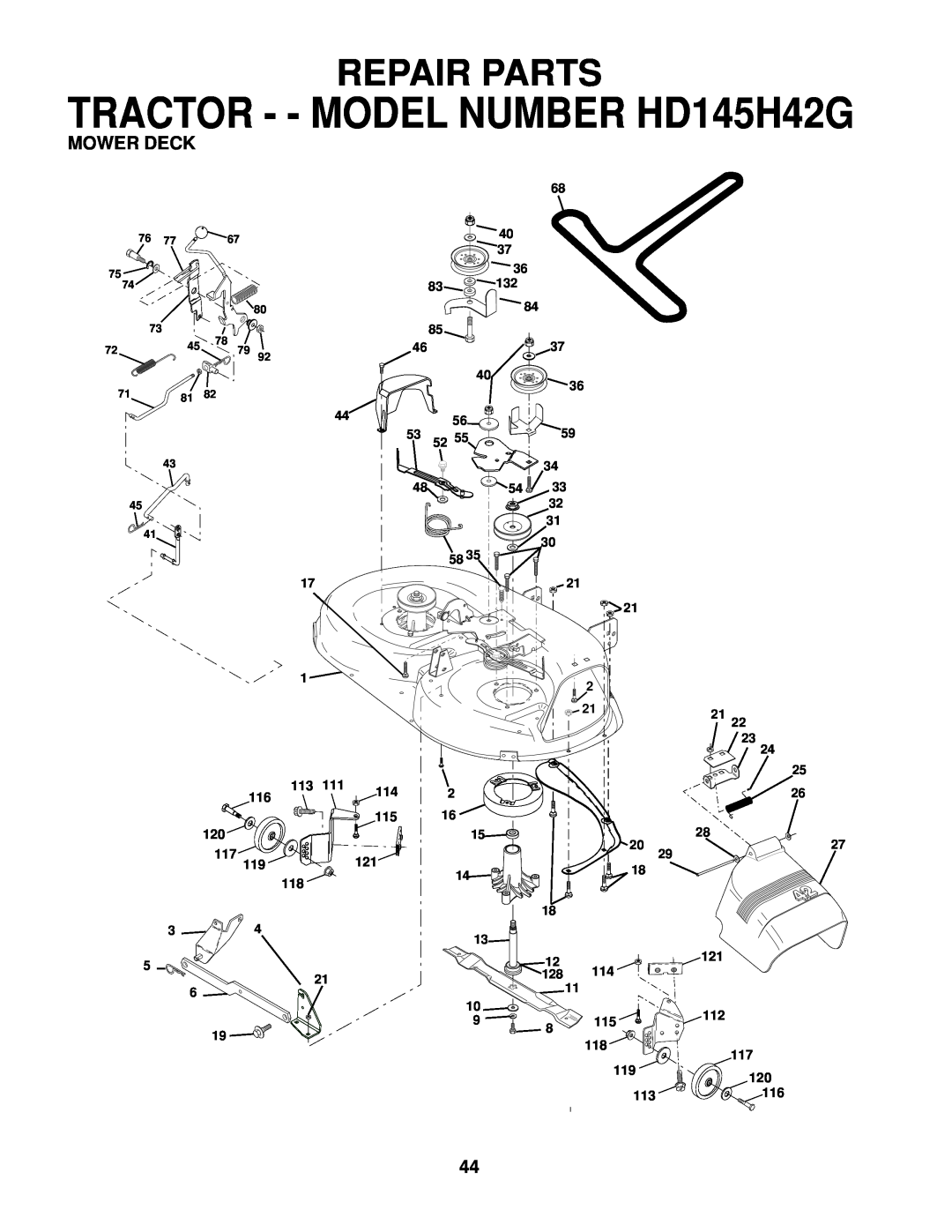 Poulan 161608 owner manual TRACTOR - - MODEL NUMBER HD145H42G, Repair Parts, Mower Deck, 116, 118 119 113, 121 112 