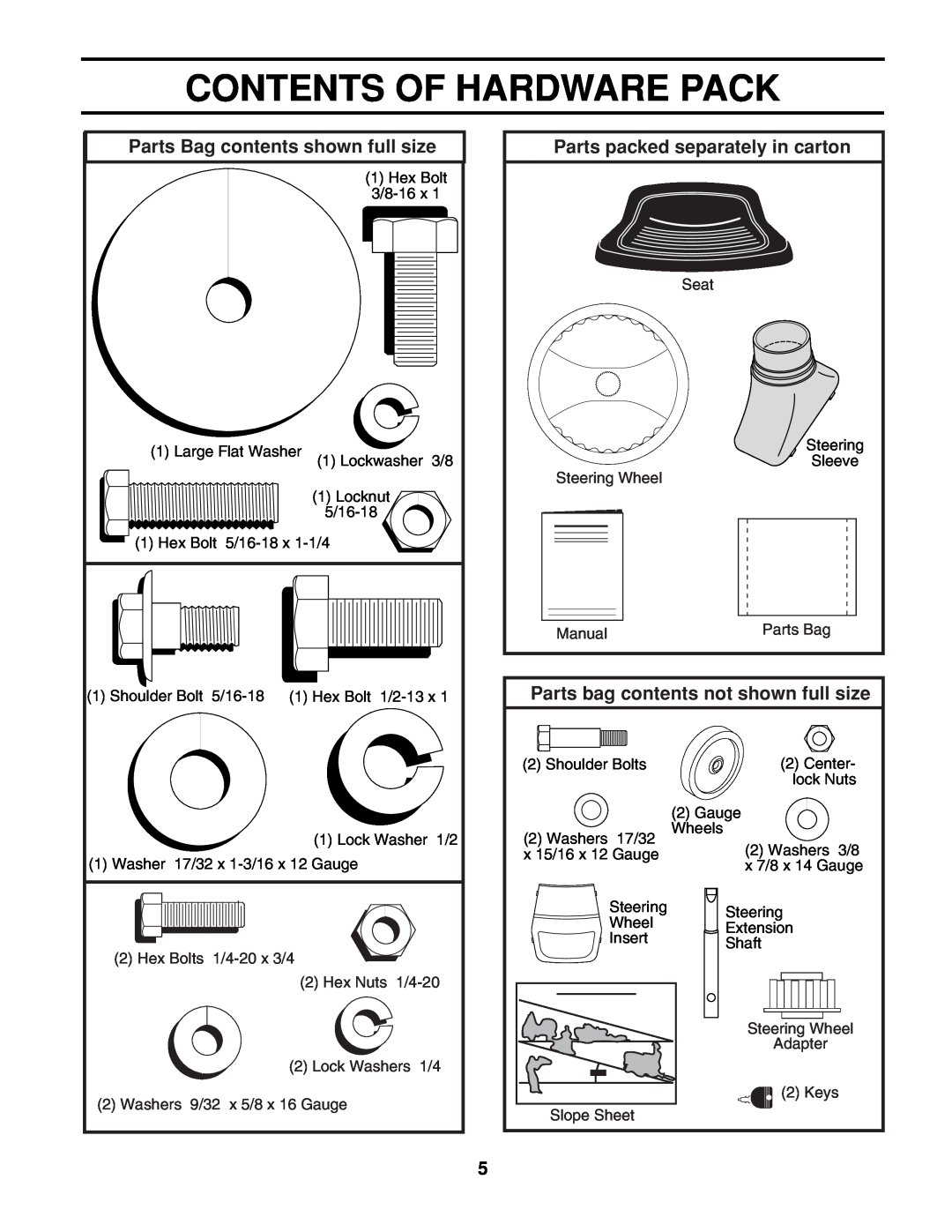 Poulan 161608 owner manual Contents Of Hardware Pack, Parts Bag contents shown full size, Parts packed separately in carton 