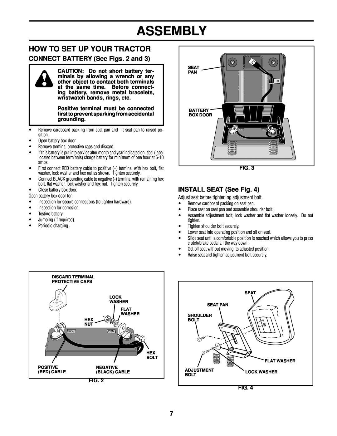 Poulan 161608 owner manual How To Set Up Your Tractor, Assembly, CONNECT BATTERY See Figs. 2 and, INSTALL SEAT See Fig 