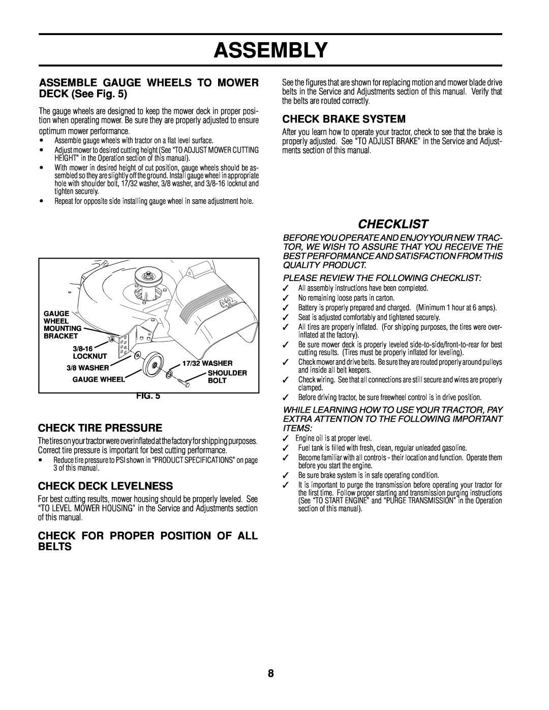 Poulan 161608 Assembly, Checklist, ASSEMBLE GAUGE WHEELS TO MOWER DECK See Fig, Check Brake System, Check Tire Pressure 