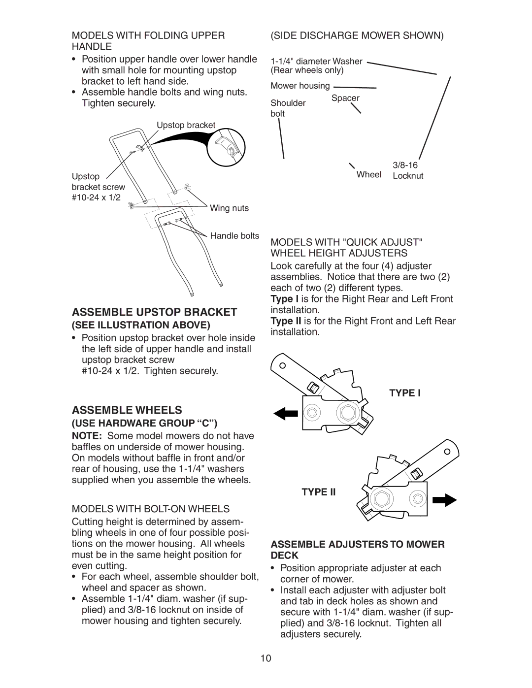 Poulan 172777 manual Assemble Upstop Bracket, Assemble Wheels, See Illustration Above, USE Hardware Group C 