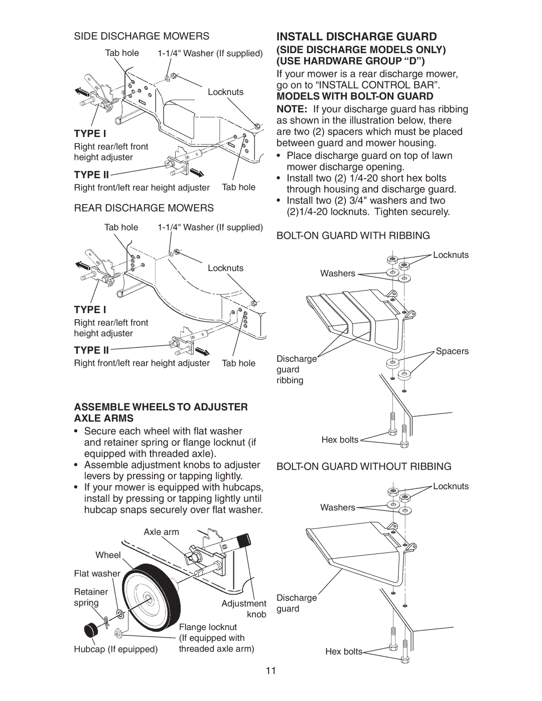 Poulan 172777 manual Install Discharge Guard, Type, Assemble Wheels to Adjuster Axle Arms, Models with BOLT-ON Guard 