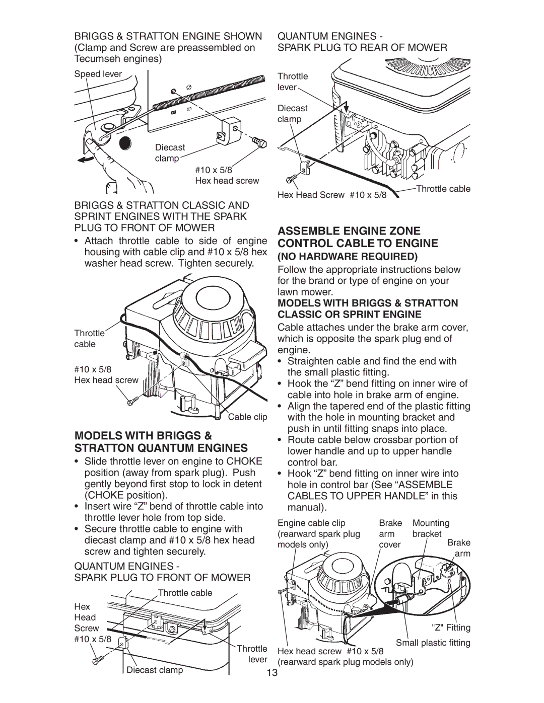 Poulan 172777 manual Models with Briggs & Stratton Quantum Engines, Assemble Engine Zone Control Cable to Engine 