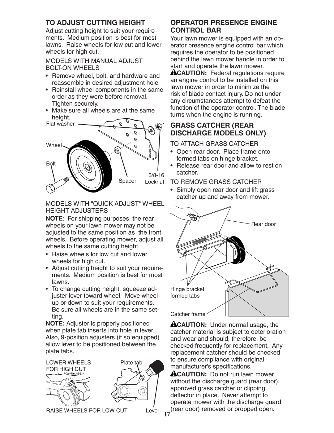 Poulan 172777 To Adjust Cutting Height, Operator Presence Engine Control BAR, Grass Catcher Rear Discharge Models only 