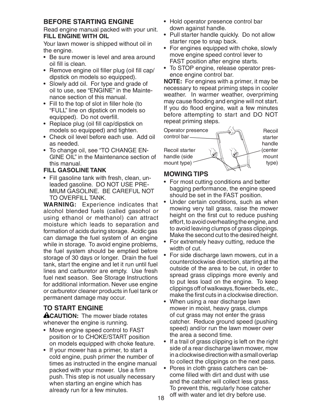 Poulan 172777 manual Before Starting Engine, Mowing Tips, To Start Engine, Fill Engine with OIL, Fill Gasoline Tank 